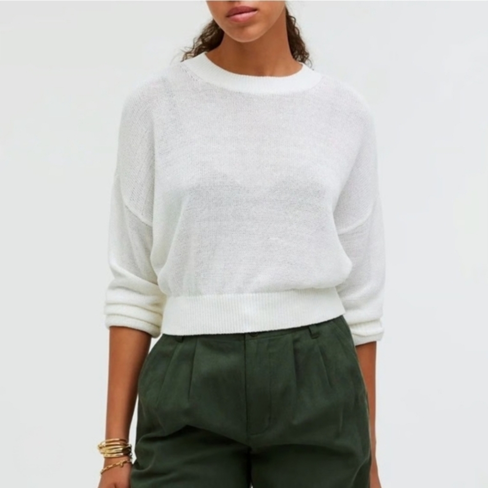 Madewell Womens White Open Knit Cropped Crewneck Sweater Size L Cotton‎ Blend